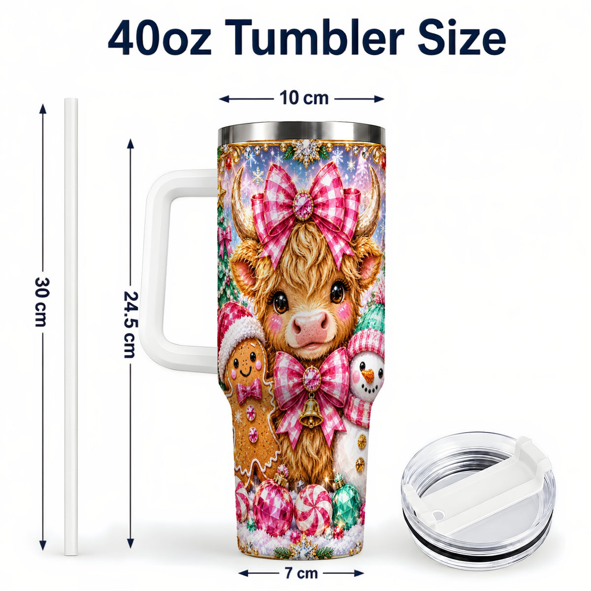 #pl[40oz|White] Highland Cow 40oz Tumbler with Handle, Jewel Christmas Travel Cup