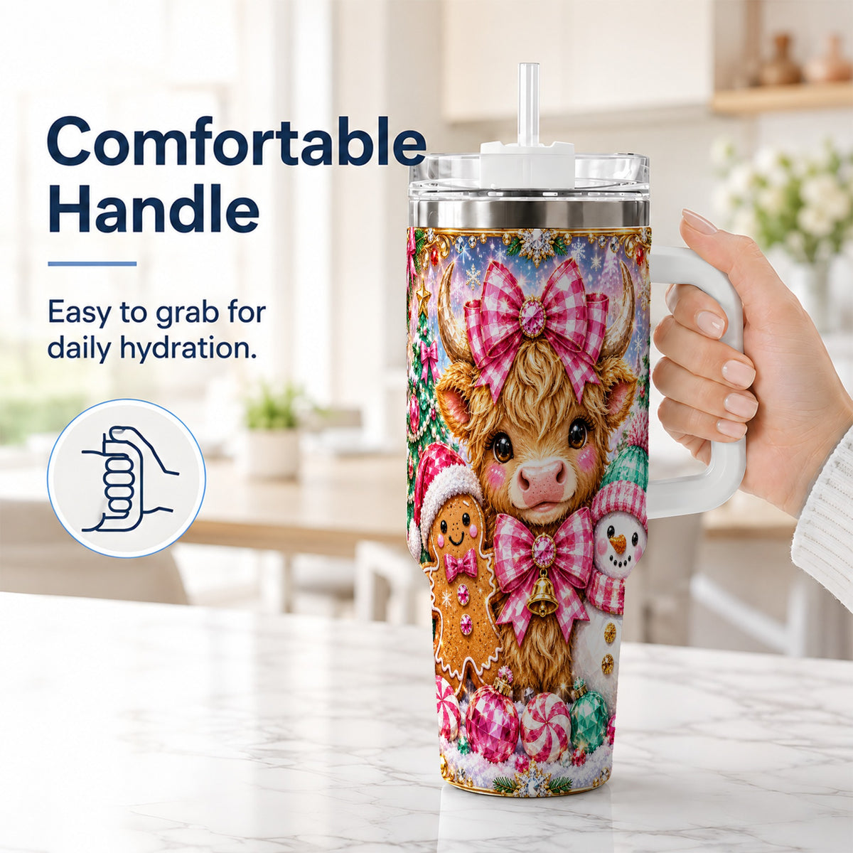#pl[40oz|White] Highland Cow 40oz Tumbler with Handle, Jewel Christmas Travel Cup