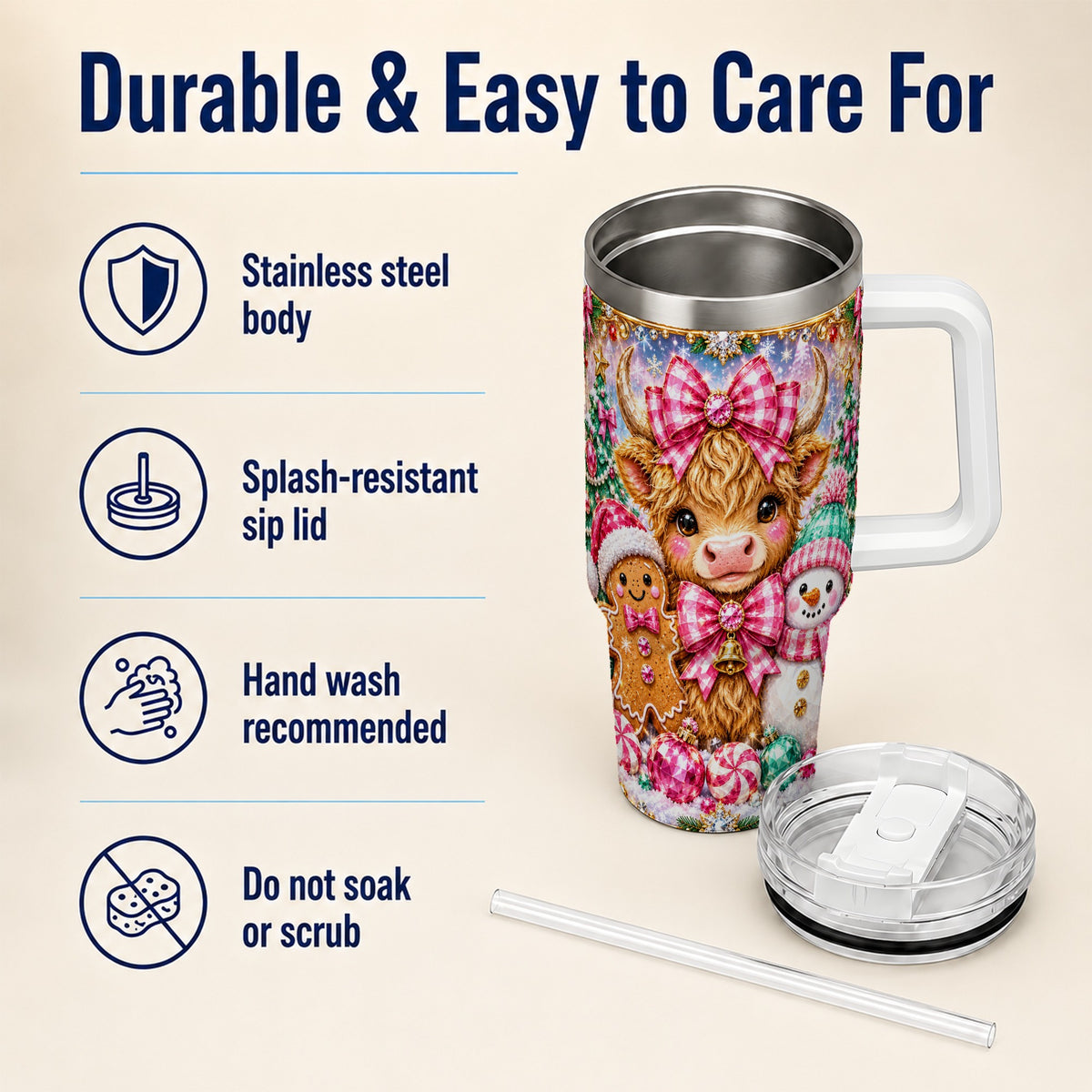 #pl[40oz|White] Highland Cow 40oz Tumbler with Handle, Jewel Christmas Travel Cup