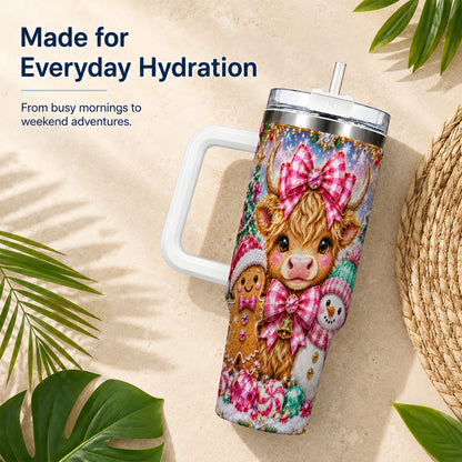 #pl[40oz|White] Highland Cow 40oz Tumbler with Handle, Jewel Christmas Travel Cup