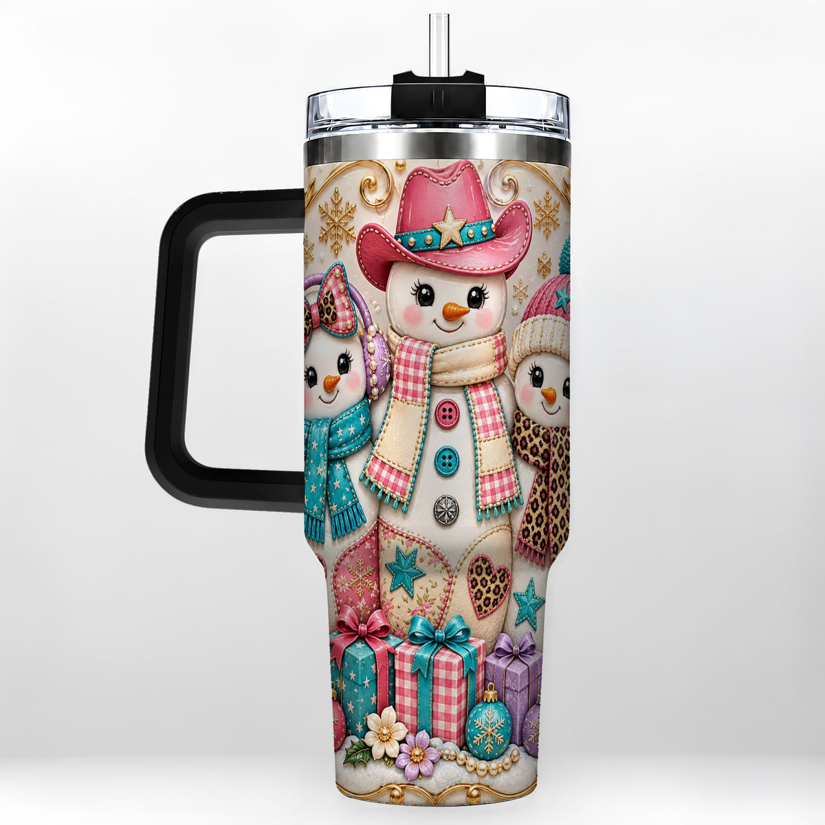 #pl[40oz|Black] Western Snowmen 40oz Tumbler with Handle, Cowgirl Christmas Travel Cup