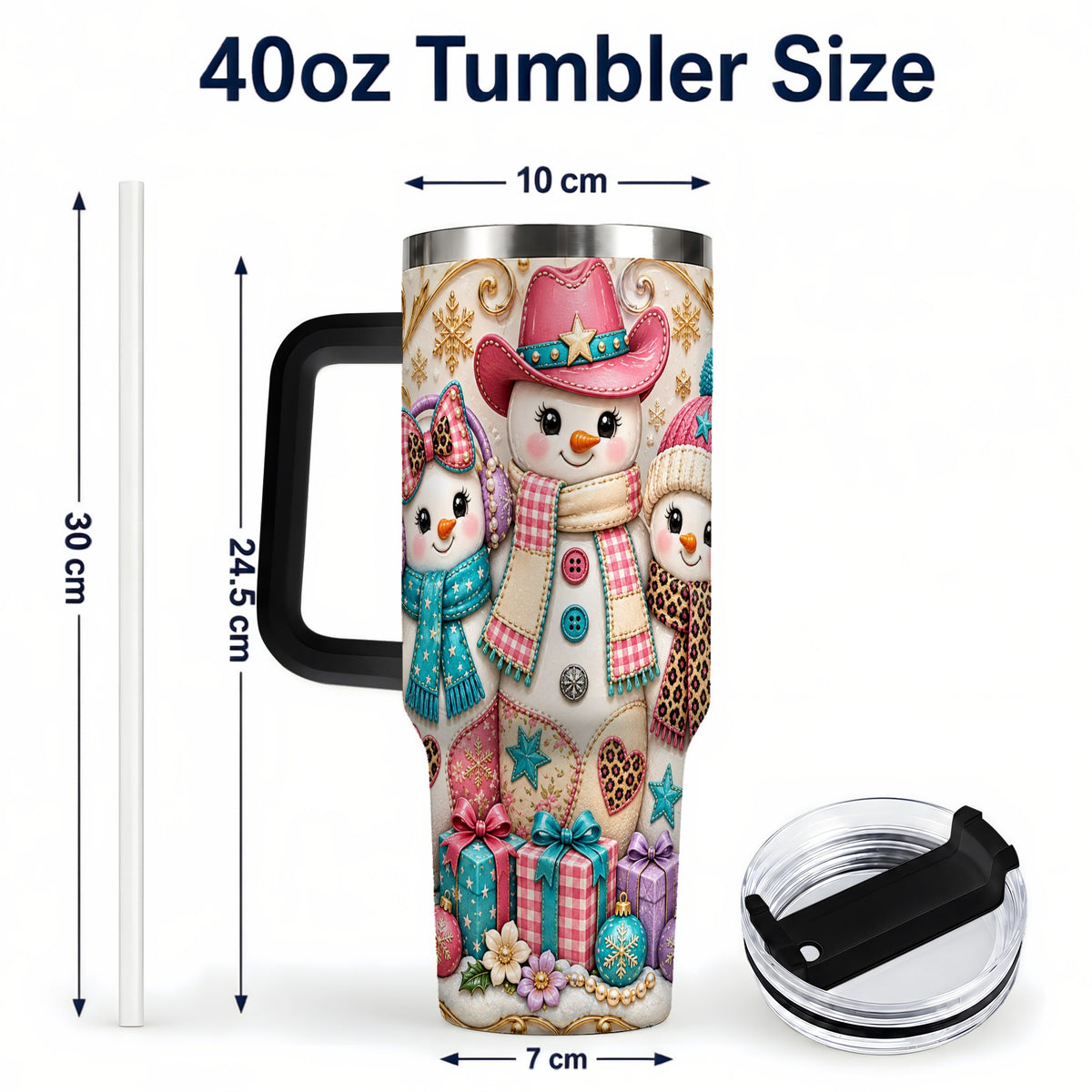 #pl[40oz|Black] Western Snowmen 40oz Tumbler with Handle, Cowgirl Christmas Travel Cup