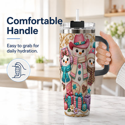 #pl[40oz|Black] Western Snowmen 40oz Tumbler with Handle, Cowgirl Christmas Travel Cup