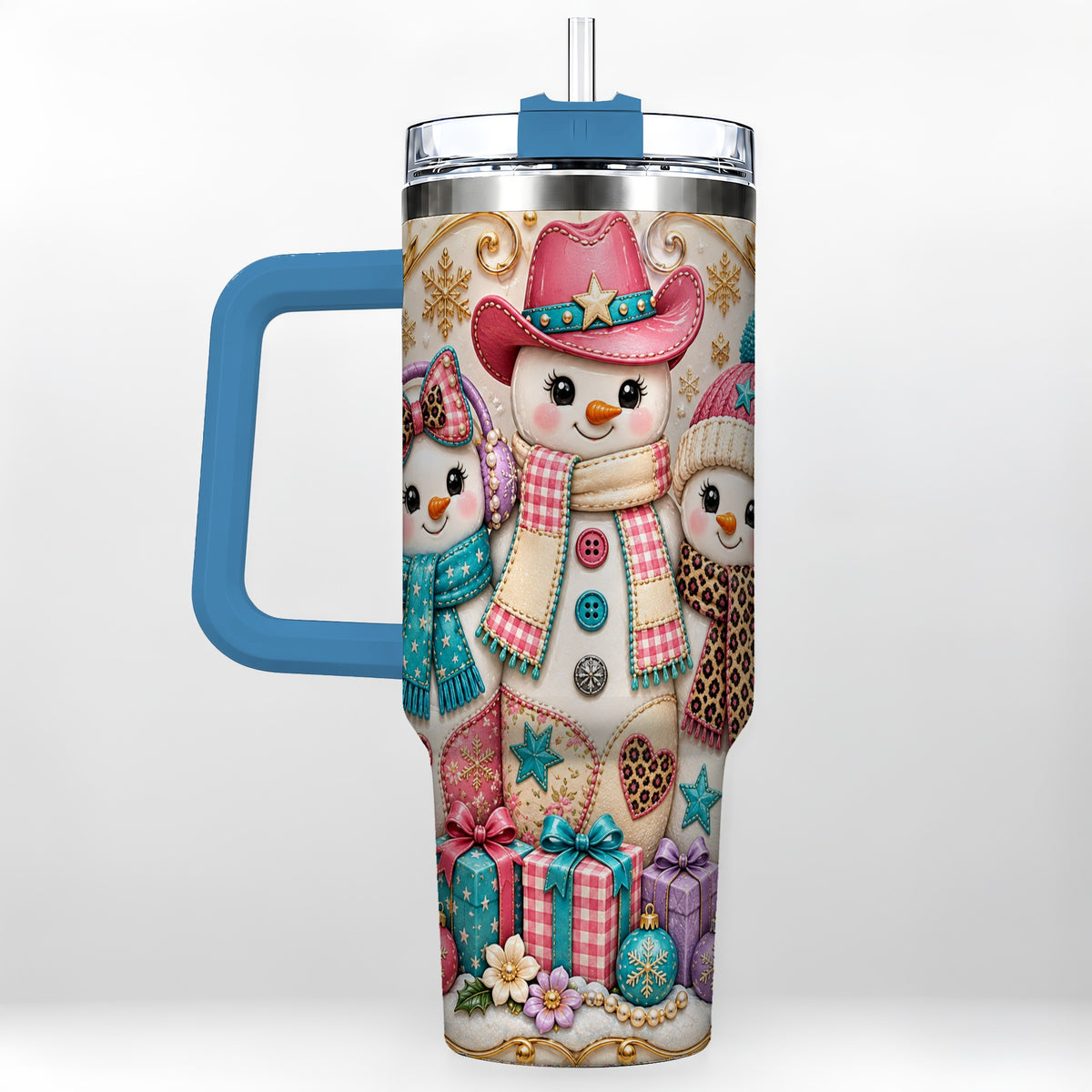 #pl[40oz|Blue] Western Snowmen 40oz Tumbler with Handle, Cowgirl Christmas Travel Cup