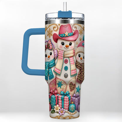 #pl[40oz|Blue] Western Snowmen 40oz Tumbler with Handle, Cowgirl Christmas Travel Cup