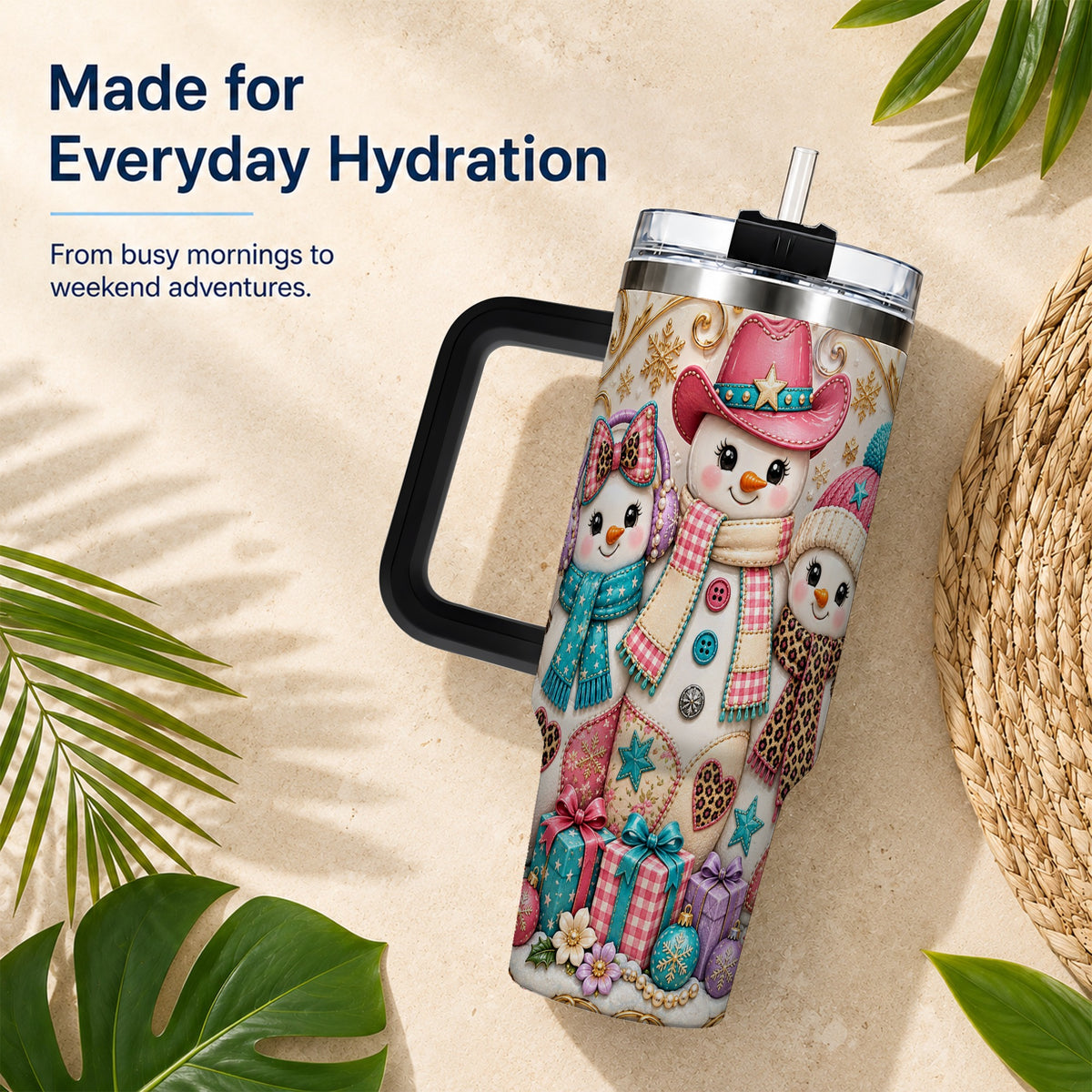 #pl[40oz|Black] Western Snowmen 40oz Tumbler with Handle, Cowgirl Christmas Travel Cup