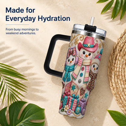 #pl[40oz|Black] Western Snowmen 40oz Tumbler with Handle, Cowgirl Christmas Travel Cup