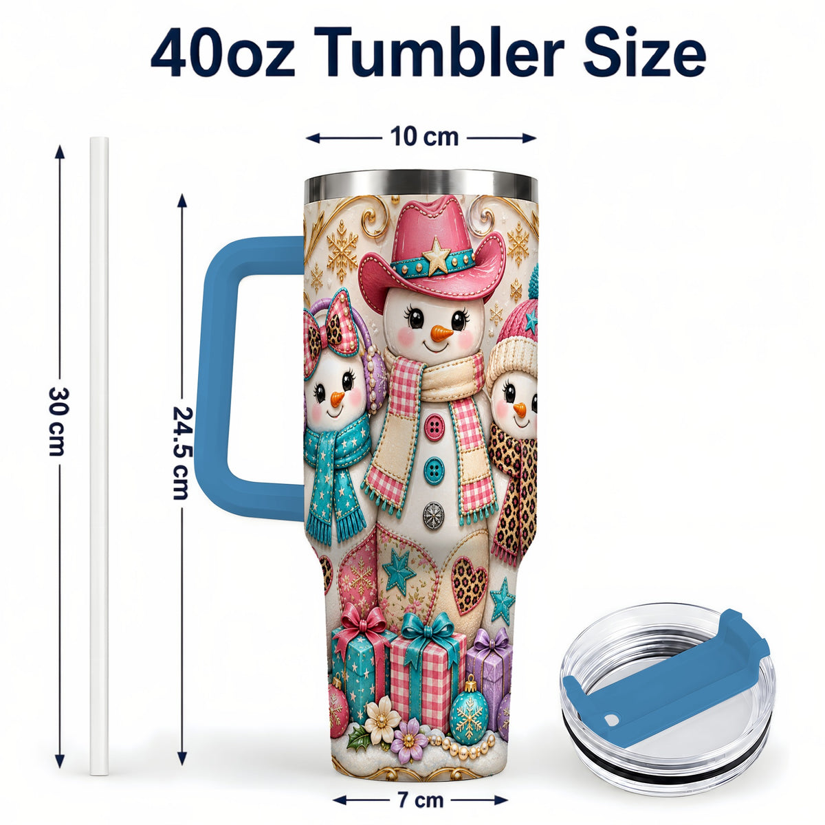 #pl[40oz|Blue] Western Snowmen 40oz Tumbler with Handle, Cowgirl Christmas Travel Cup