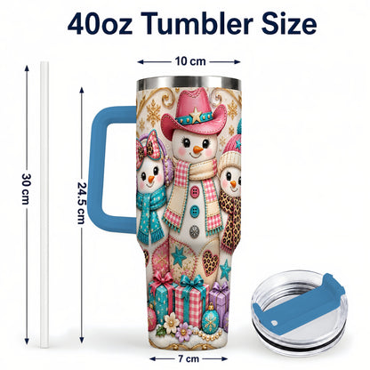 #pl[40oz|Blue] Western Snowmen 40oz Tumbler with Handle, Cowgirl Christmas Travel Cup
