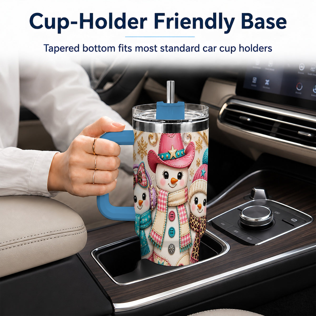 #pl[40oz|Blue] Western Snowmen 40oz Tumbler with Handle, Cowgirl Christmas Travel Cup