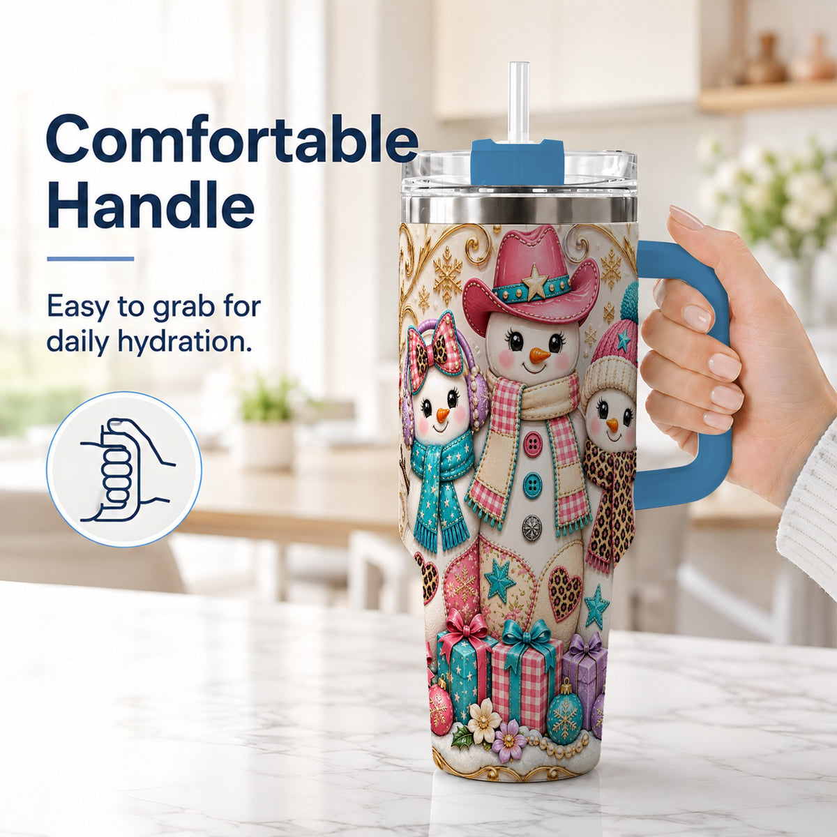 #pl[40oz|Blue] Western Snowmen 40oz Tumbler with Handle, Cowgirl Christmas Travel Cup