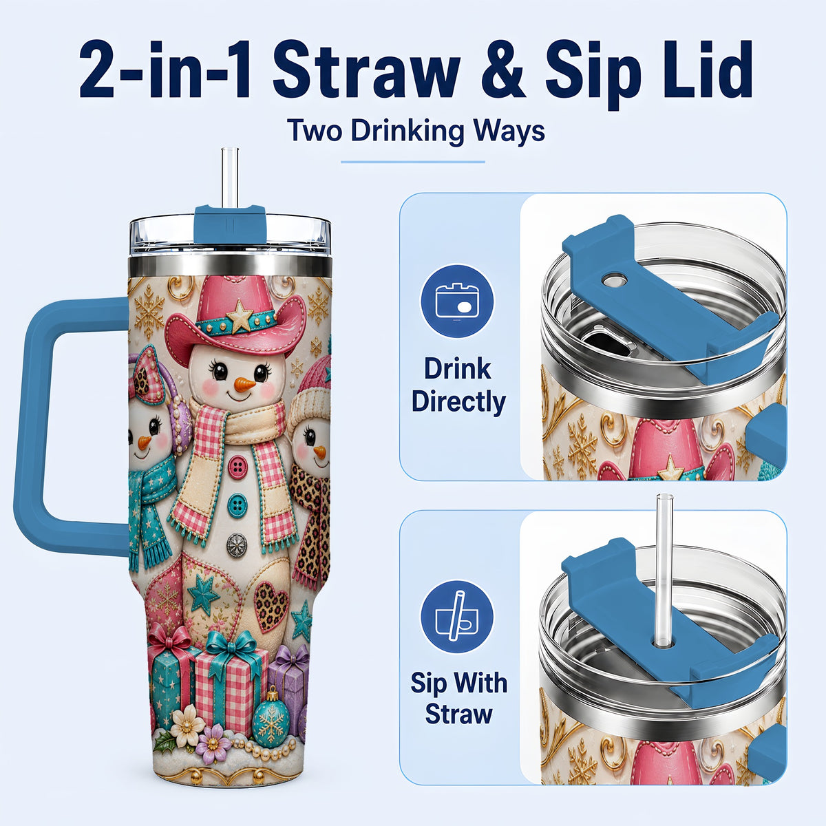 #pl[40oz|Blue] Western Snowmen 40oz Tumbler with Handle, Cowgirl Christmas Travel Cup