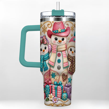 #pl[40oz|Green] Western Snowmen 40oz Tumbler with Handle, Cowgirl Christmas Travel Cup