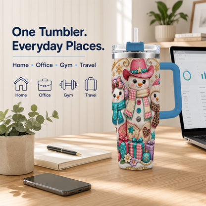 #pl[40oz|Blue] Western Snowmen 40oz Tumbler with Handle, Cowgirl Christmas Travel Cup