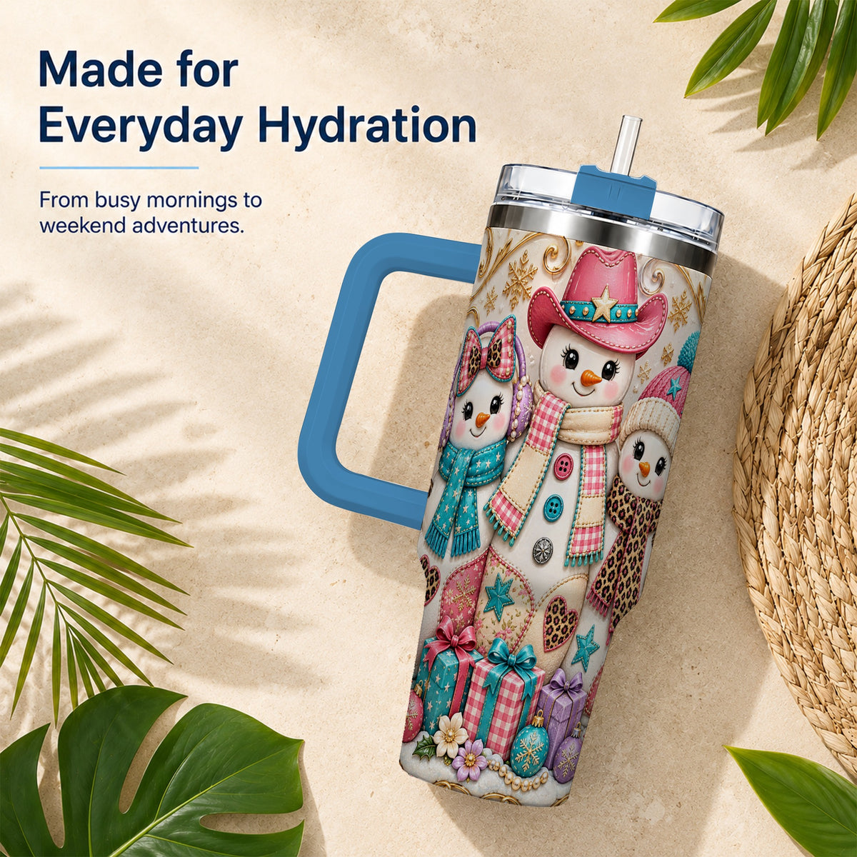 #pl[40oz|Blue] Western Snowmen 40oz Tumbler with Handle, Cowgirl Christmas Travel Cup