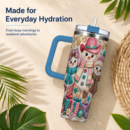 #pl[40oz|Blue] Western Snowmen 40oz Tumbler with Handle, Cowgirl Christmas Travel Cup