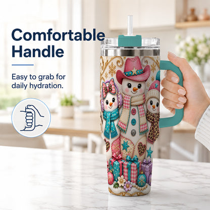 #pl[40oz|Green] Western Snowmen 40oz Tumbler with Handle, Cowgirl Christmas Travel Cup