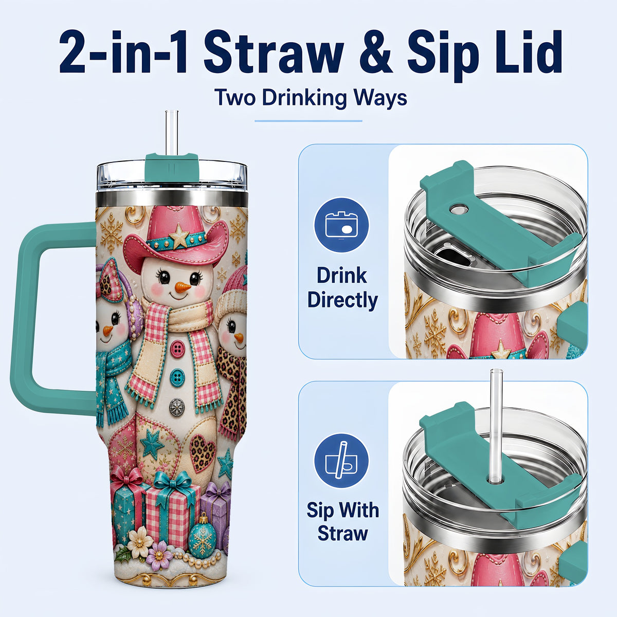 #pl[40oz|Green] Western Snowmen 40oz Tumbler with Handle, Cowgirl Christmas Travel Cup