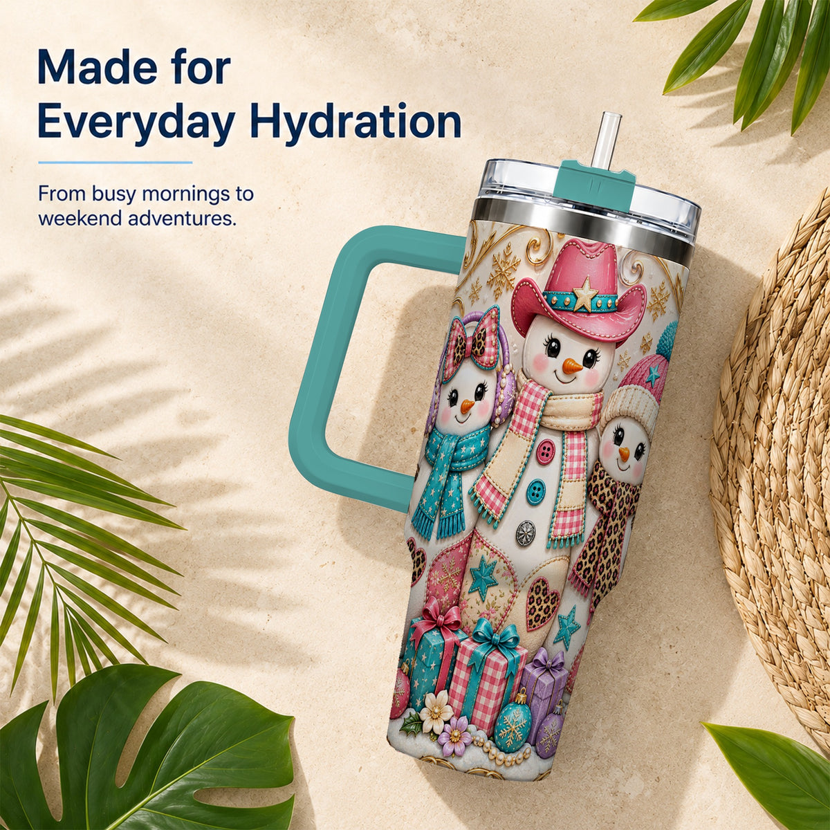 #pl[40oz|Green] Western Snowmen 40oz Tumbler with Handle, Cowgirl Christmas Travel Cup