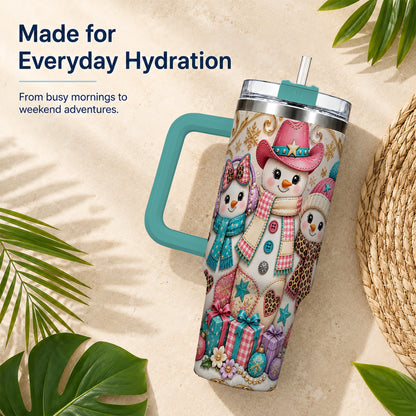 #pl[40oz|Green] Western Snowmen 40oz Tumbler with Handle, Cowgirl Christmas Travel Cup
