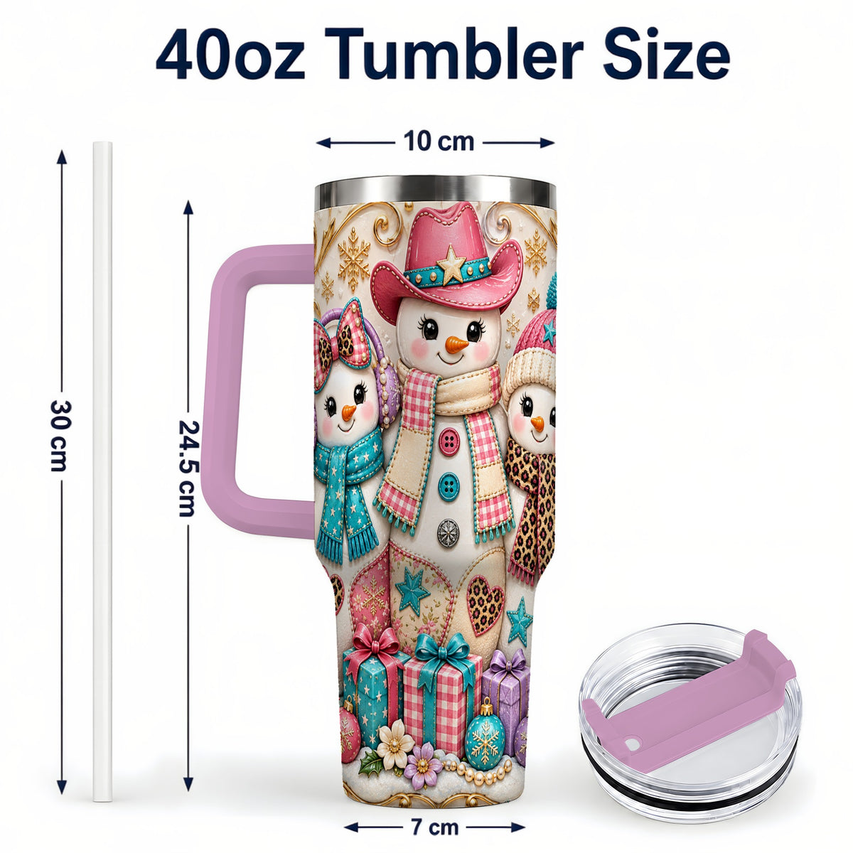 #pl[40oz|Pink] Western Snowmen 40oz Tumbler with Handle, Cowgirl Christmas Travel Cup