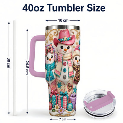 #pl[40oz|Pink] Western Snowmen 40oz Tumbler with Handle, Cowgirl Christmas Travel Cup