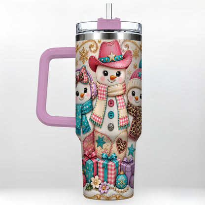 #pl[40oz|Pink] Western Snowmen 40oz Tumbler with Handle, Cowgirl Christmas Travel Cup