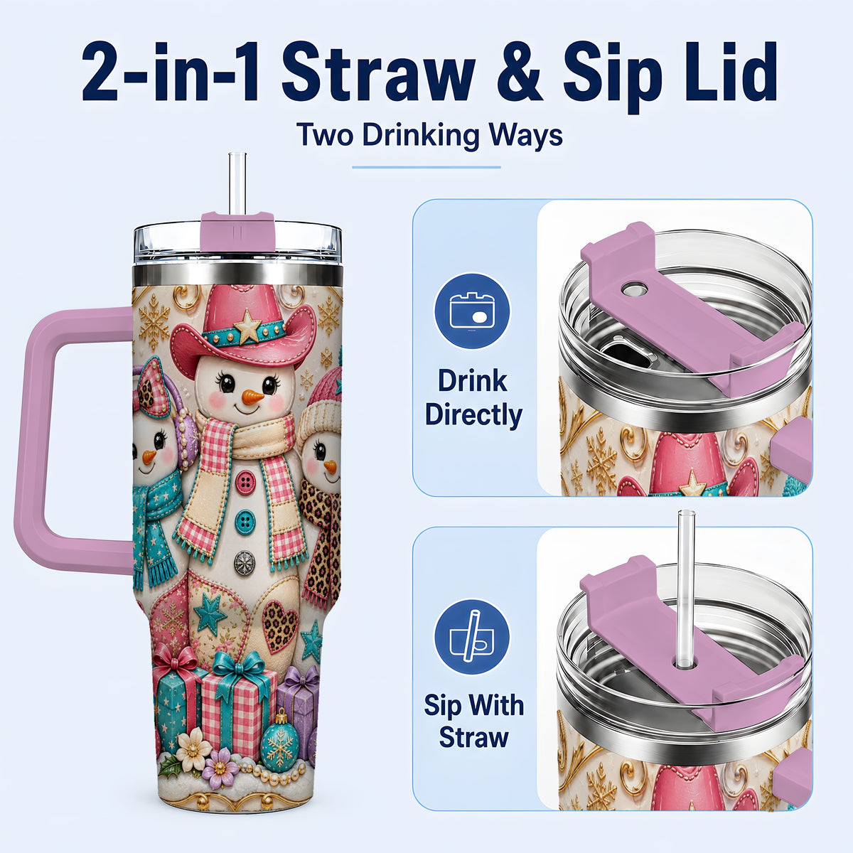 #pl[40oz|Pink] Western Snowmen 40oz Tumbler with Handle, Cowgirl Christmas Travel Cup