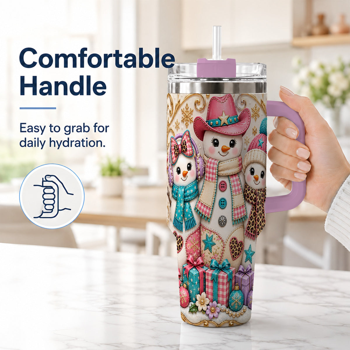 #pl[40oz|Pink] Western Snowmen 40oz Tumbler with Handle, Cowgirl Christmas Travel Cup