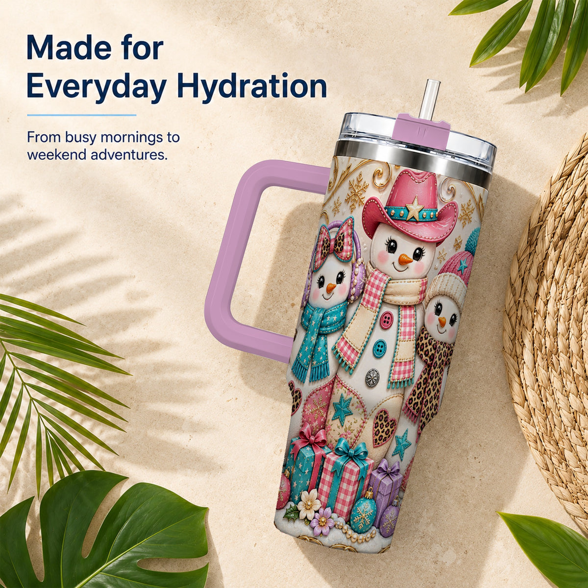 #pl[40oz|Pink] Western Snowmen 40oz Tumbler with Handle, Cowgirl Christmas Travel Cup
