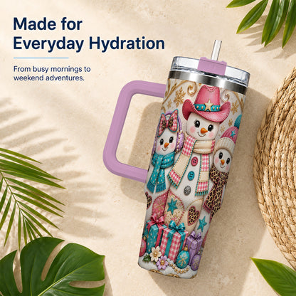 #pl[40oz|Pink] Western Snowmen 40oz Tumbler with Handle, Cowgirl Christmas Travel Cup