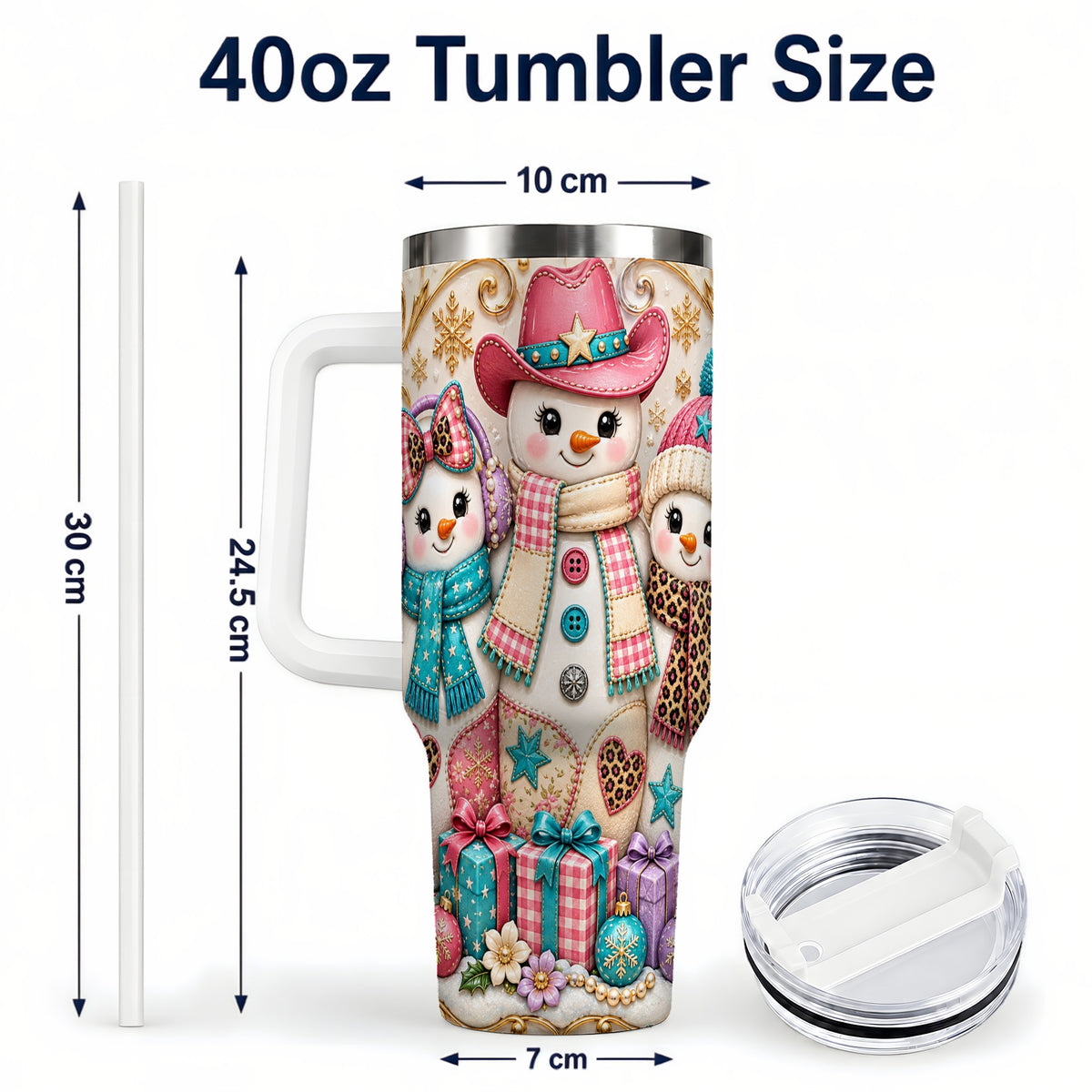 #pl[40oz|White] Western Snowmen 40oz Tumbler with Handle, Cowgirl Christmas Travel Cup