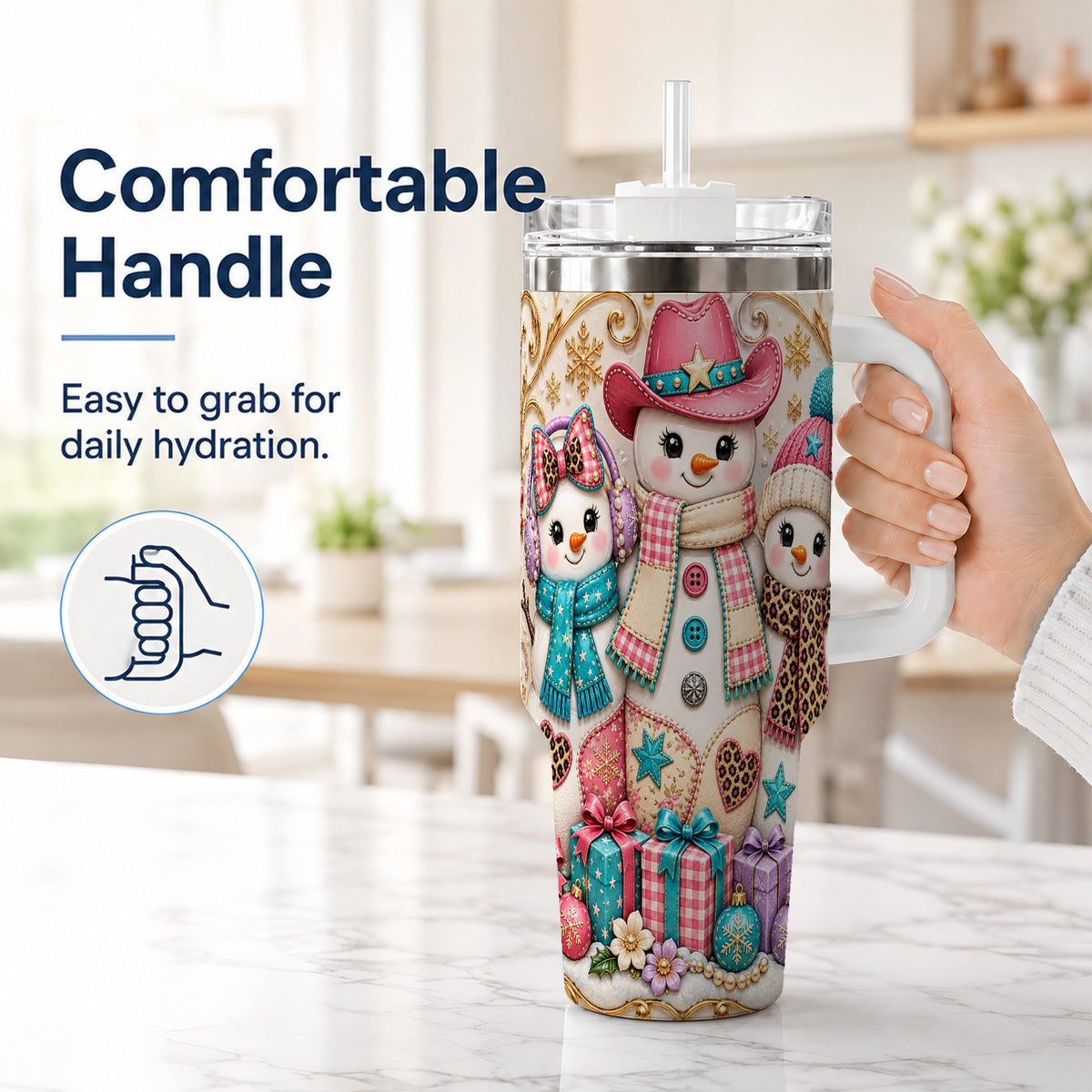 #pl[40oz|White] Western Snowmen 40oz Tumbler with Handle, Cowgirl Christmas Travel Cup
