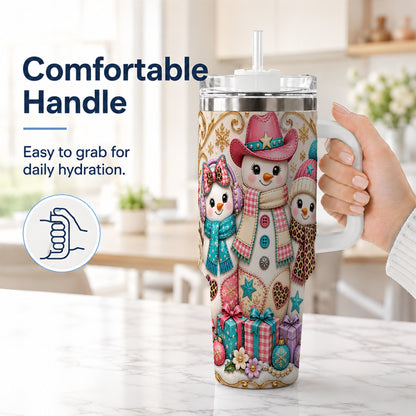#pl[40oz|White] Western Snowmen 40oz Tumbler with Handle, Cowgirl Christmas Travel Cup