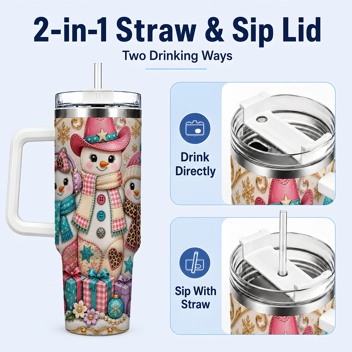 #pl[40oz|White] Western Snowmen 40oz Tumbler with Handle, Cowgirl Christmas Travel Cup