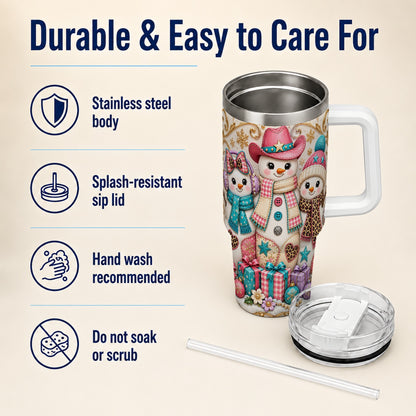 #pl[40oz|White] Western Snowmen 40oz Tumbler with Handle, Cowgirl Christmas Travel Cup