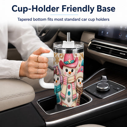 #pl[40oz|White] Western Snowmen 40oz Tumbler with Handle, Cowgirl Christmas Travel Cup