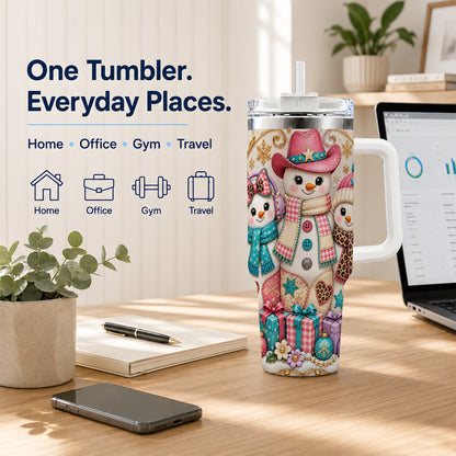 #pl[40oz|White] Western Snowmen 40oz Tumbler with Handle, Cowgirl Christmas Travel Cup