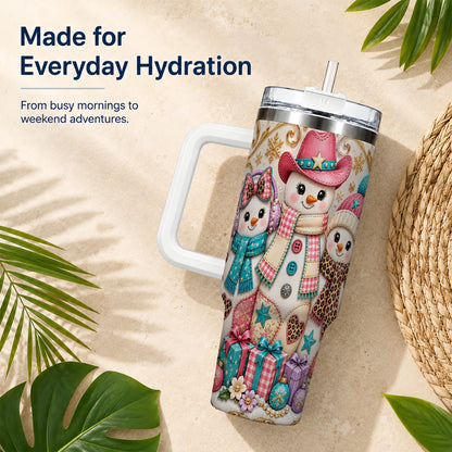 #pl[40oz|White] Western Snowmen 40oz Tumbler with Handle, Cowgirl Christmas Travel Cup
