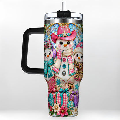 #pl[40oz|Black] Western Snowmen 40oz Tumbler with Handle, Stained Glass Style Travel Cup