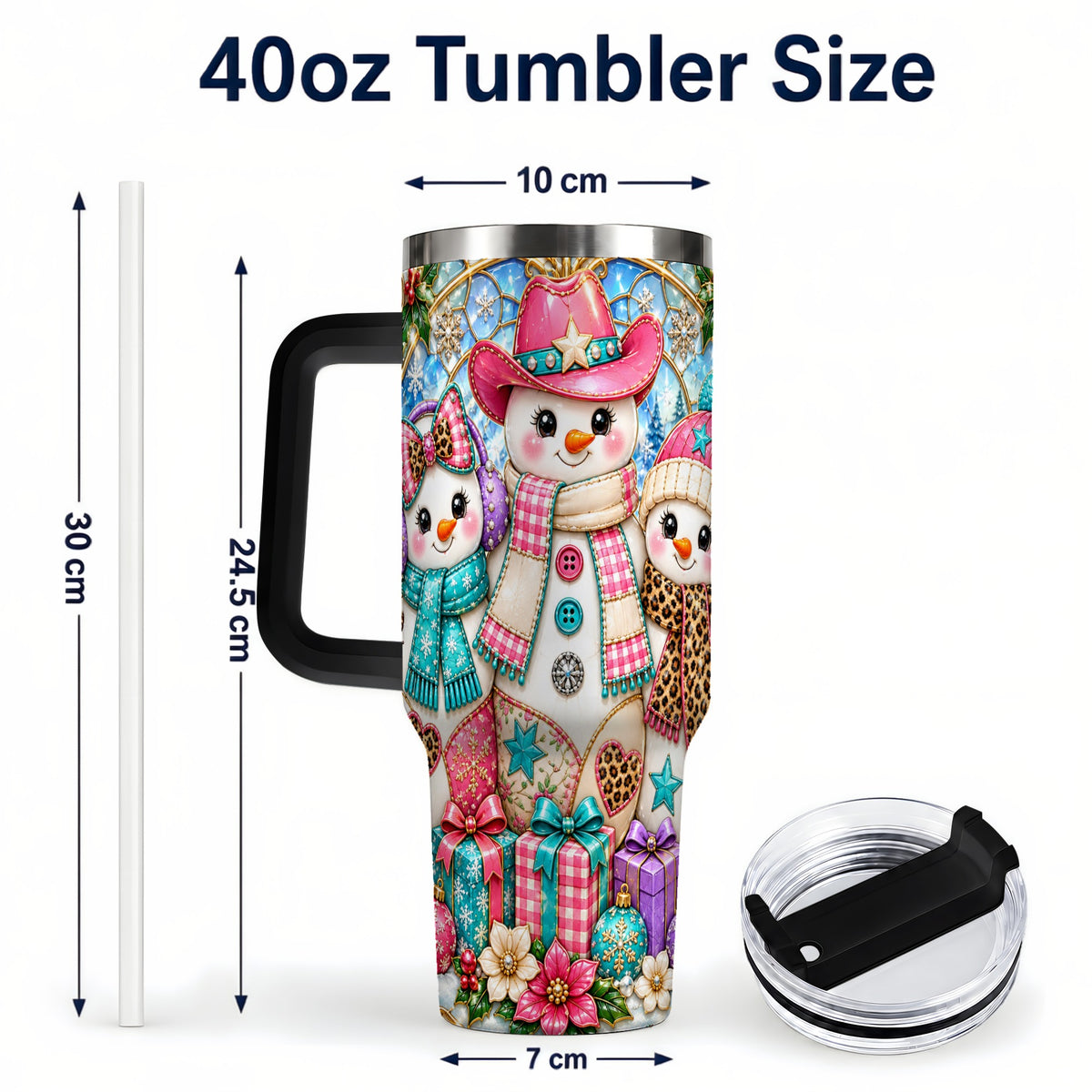 #pl[40oz|Black] Western Snowmen 40oz Tumbler with Handle, Stained Glass Style Travel Cup