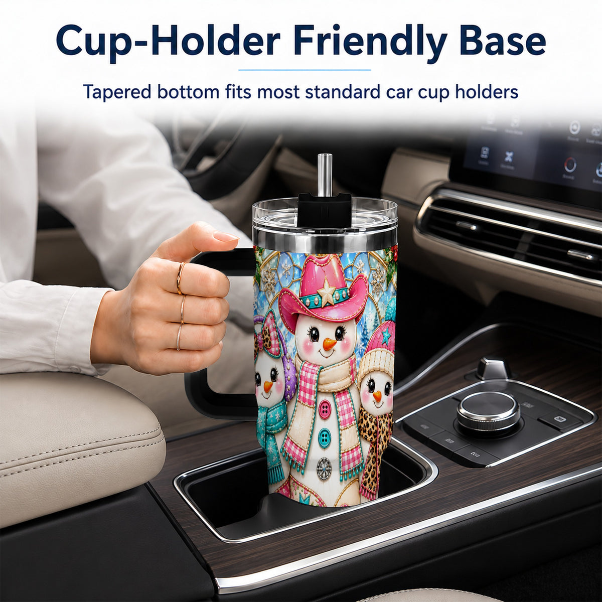 #pl[40oz|Black] Western Snowmen 40oz Tumbler with Handle, Stained Glass Style Travel Cup