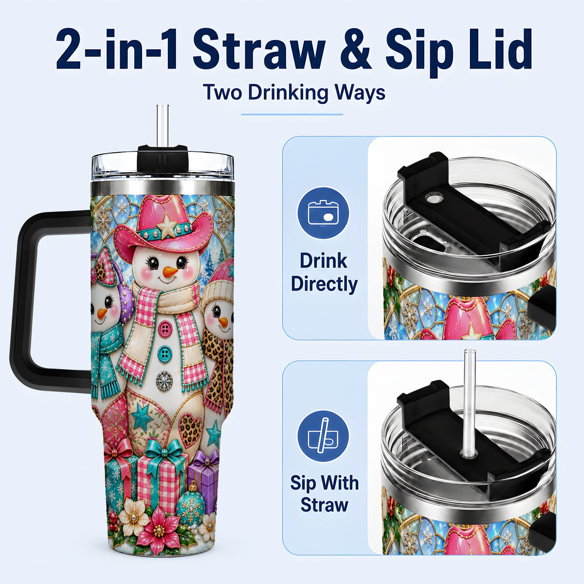 #pl[40oz|Black] Western Snowmen 40oz Tumbler with Handle, Stained Glass Style Travel Cup