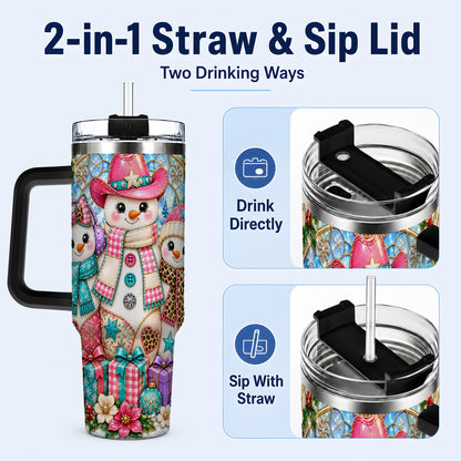 #pl[40oz|Black] Western Snowmen 40oz Tumbler with Handle, Stained Glass Style Travel Cup