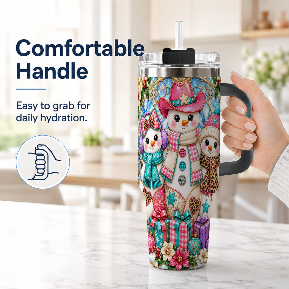 #pl[40oz|Black] Western Snowmen 40oz Tumbler with Handle, Stained Glass Style Travel Cup
