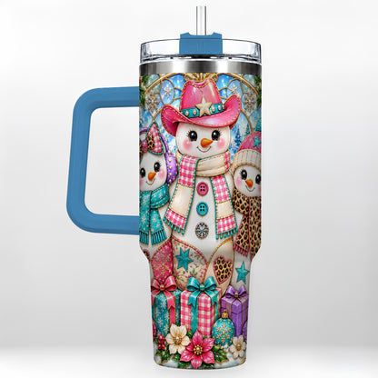 #pl[40oz|Blue] Western Snowmen 40oz Tumbler with Handle, Stained Glass Style Travel Cup