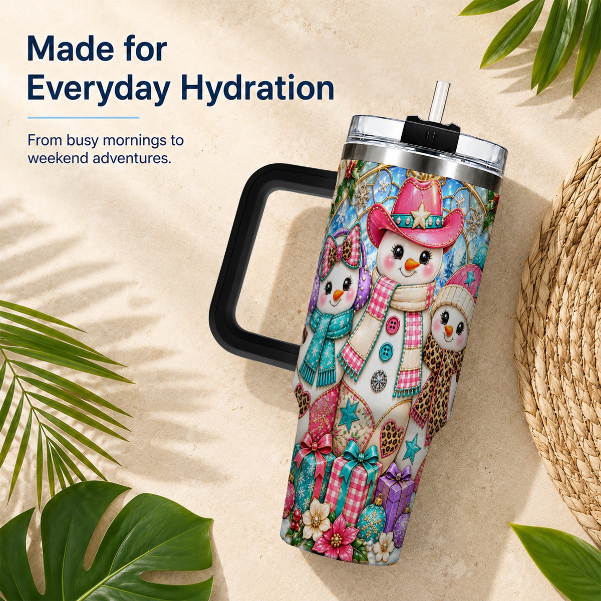 #pl[40oz|Black] Western Snowmen 40oz Tumbler with Handle, Stained Glass Style Travel Cup
