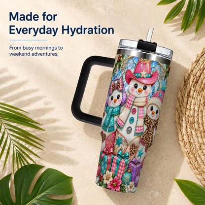 #pl[40oz|Black] Western Snowmen 40oz Tumbler with Handle, Stained Glass Style Travel Cup