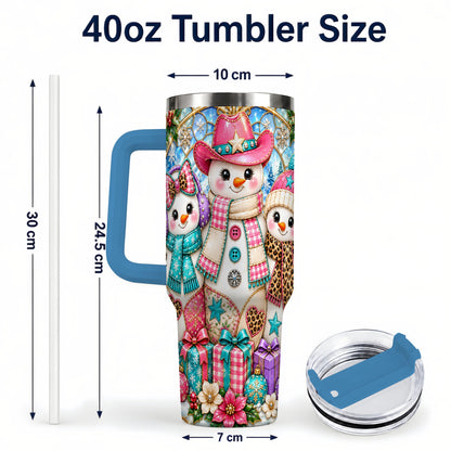 #pl[40oz|Blue] Western Snowmen 40oz Tumbler with Handle, Stained Glass Style Travel Cup