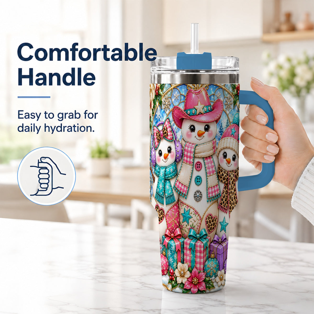 #pl[40oz|Blue] Western Snowmen 40oz Tumbler with Handle, Stained Glass Style Travel Cup